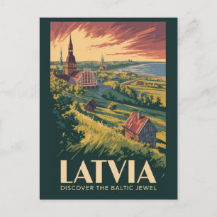 Cartão Postal Letônia Ilustração Mar Báltico Arte Viagem Vintage