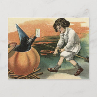Cartão Postal Letra Black Cat Pumpkin Witch's Hat Broom
