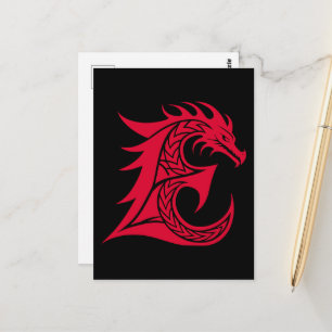 Cartão Postal Letra E Estilizada com Dragão, Alfabeto de Dragão,