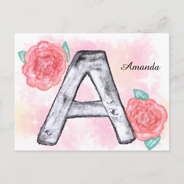 Cartão Postal Letra Floral A de Aquarela (Frente)