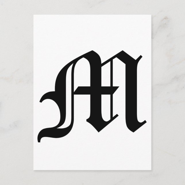 Cartão Postal Letra M Texto em Inglês Antigo em Fundo Branco (Frente)