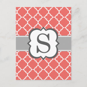 Cartão Postal Letra S Monograma Branco Coral Quatrefoil