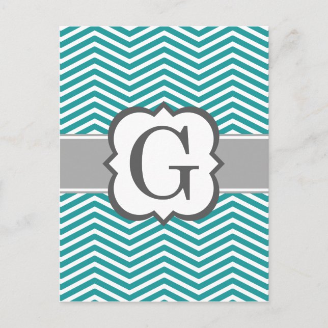 Cartão Postal Letra Teal White Monograma G Chevron (Frente)
