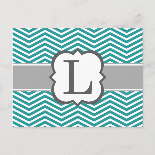 Cartão Postal Letra Teal White Monograma L Chevron (Frente)