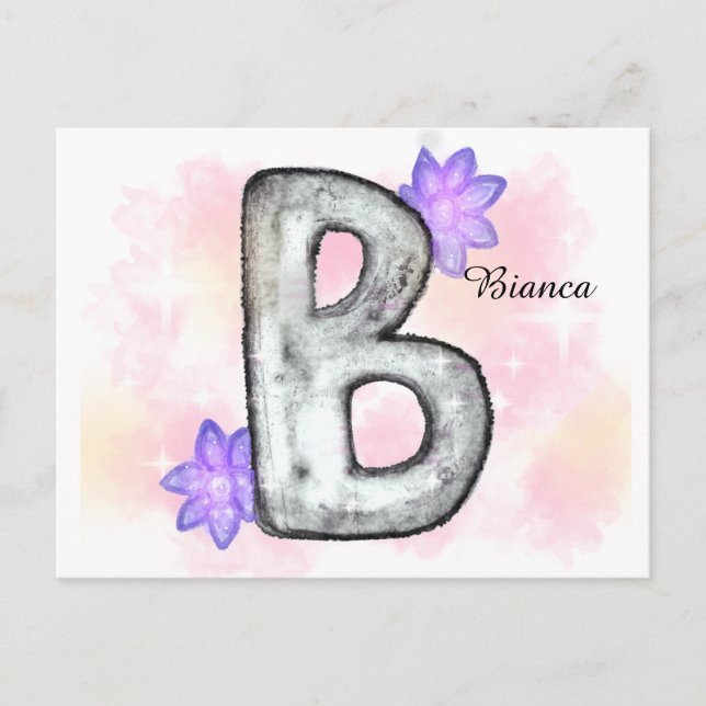 Cartão Postal Letra Watercolor B com Flores Roxas (Frente)