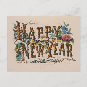 Cartão Postal Letras Botânicas "Feliz Ano Novo" Vintage