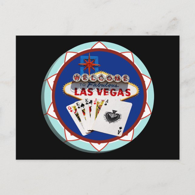 Cartão Postal Letreiro de Las Vegas e Ficha de Poker de Cartas (Frente)