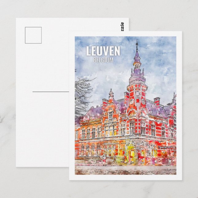 Cartão Postal Leuven Belgium Familiar Viagem Place Watercolor (Frente/Verso)