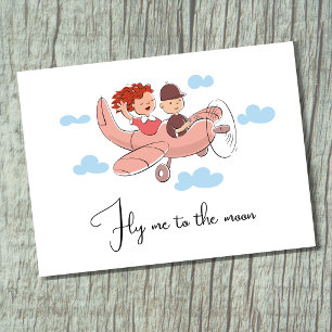 Cartão Postal Leve-me à Lua Avião Engraçado Casal Menina Menino