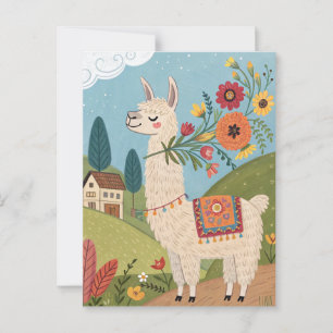 Cartão Postal Lhama com arte popular de flores