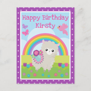 Cartão Postal Lhama da Primavera Floral e Aniversário Arco-íris