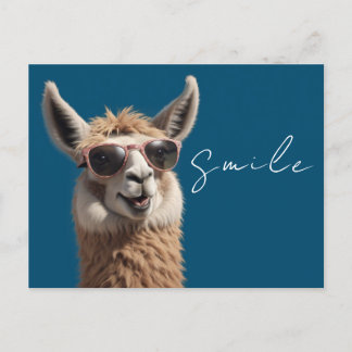 Cartão Postal Lhama Sorridente Alpaca Fofa com Óculos de Sol Azu