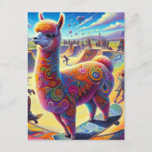 Cartão Postal Lhama Surrealista Engraçada Andando de Skate