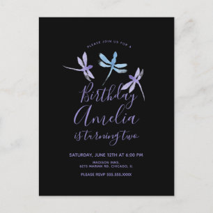 Cartão Postal Libélula Aquarela Roxa Preta Festa de Aniversário