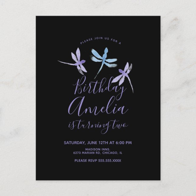 Cartão Postal Libélula Aquarela Roxa Preta Festa de Aniversário (Frente)