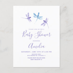 Cartão Postal Libélula Aquarela Roxo Azul Chá de Bebê