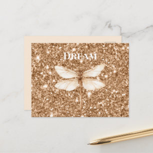 Cartão Postal Libélula Branca com Brilho Dourado Falso
