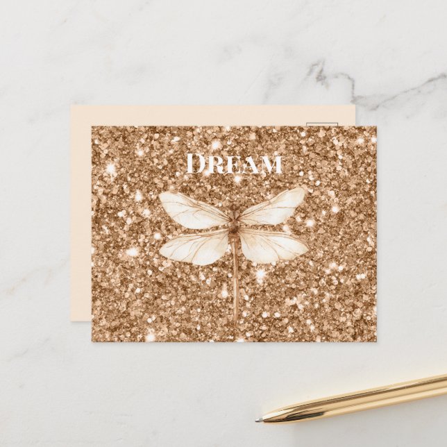 Cartão Postal Libélula Branca com Brilho Dourado Falso (Frente/Verso In Situ)