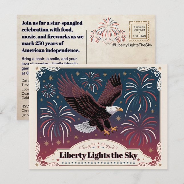 Cartão Postal Liberty Ilumina o Céu • 1776–2026 Lembrança (Frente/Verso)
