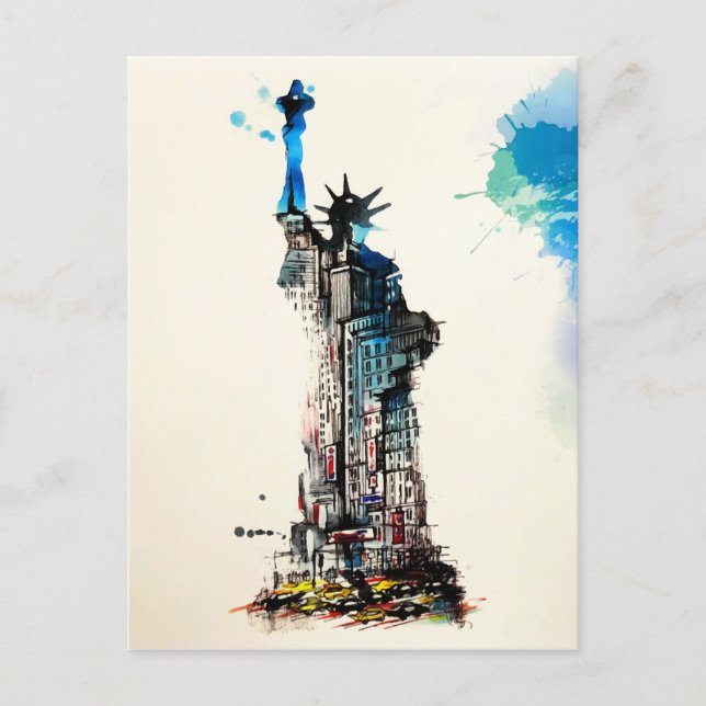 Cartão Postal Liberty Nova Iorque Viagem Love Watercolor (Frente)