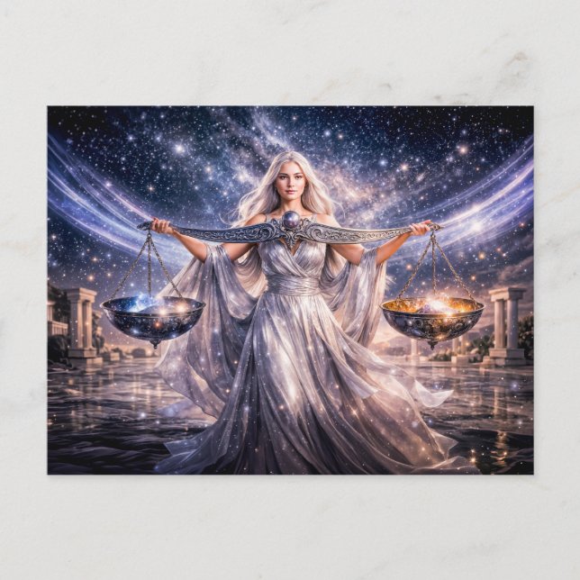Cartão Postal Libra Zodíaco com Donzela Celestial Segurando a Ba (Frente)