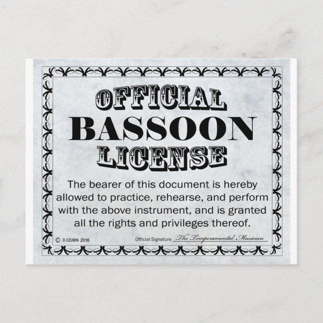 Cartão Postal Licença Bassoon (Frente)