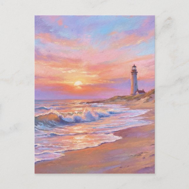 Cartão Postal Lighthouse Shore Sunset - Pastel Painting Style (Frente)