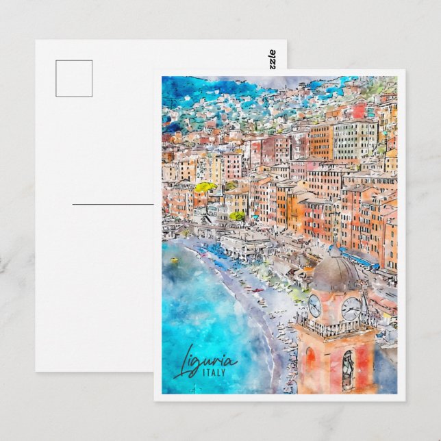 Cartão Postal Liguria Itália Viagem Place Watercolor (Frente/Verso)