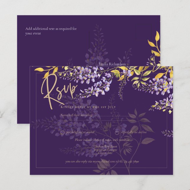 Cartão Postal Lilac Purple Wisteria Dourada RSVP (Frente/Verso)