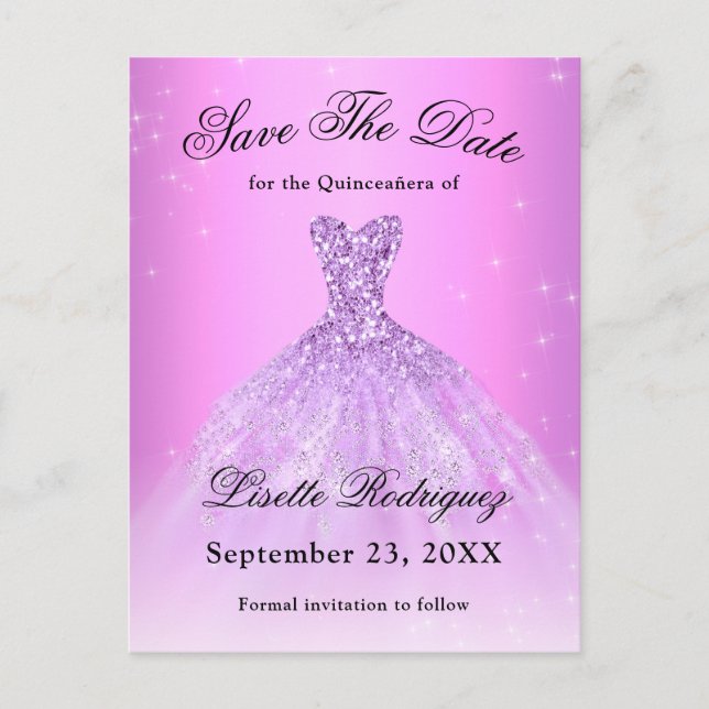 Cartão Postal Lilás Roxo Elegante Quinceanera Save The Date (Frente)