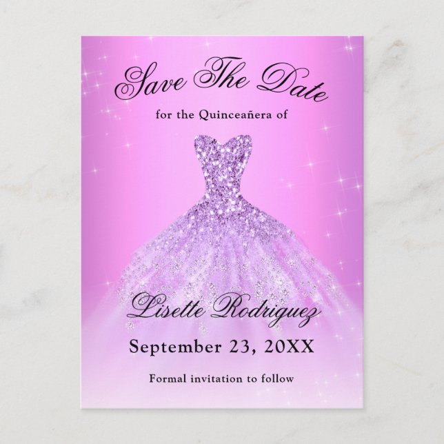 Cartão Postal Lilás Roxo Elegante Save The Date de Quinceanera (Frente)