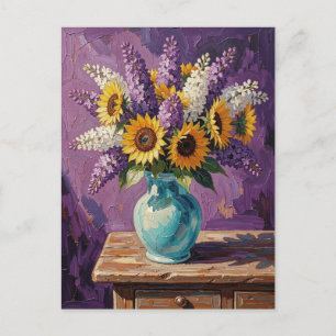 Cartão Postal Lilases e Girassóis   Design Botânico  
