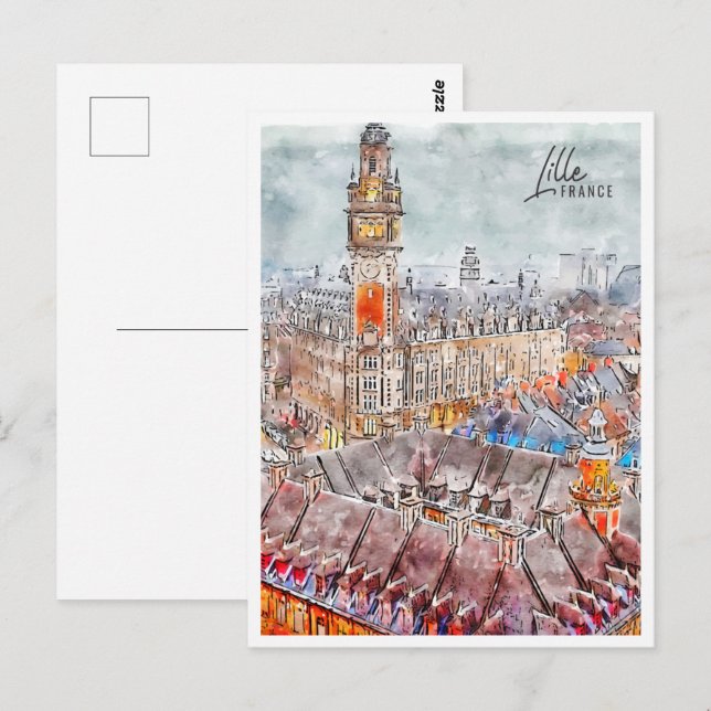 Cartão Postal Lille France Viagem Place Watercolor (Frente/Verso)