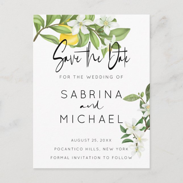 Cartão Postal Limão de Limão de Aquarela Casual Salve a Data (Frente)