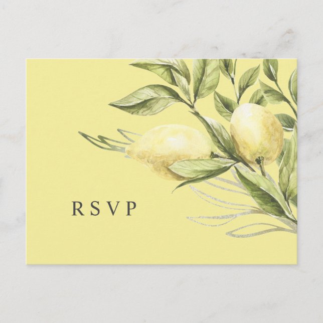 Cartão Postal Limão e folhas: RSVP de Casamento Amarelo (Frente)