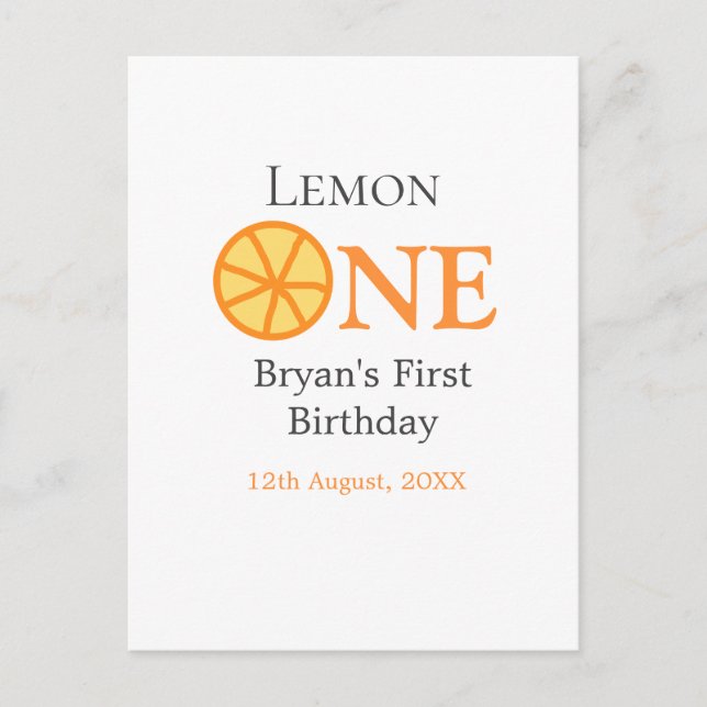 Cartão Postal Limão um feliz aniversário de 1 ano cinza laranja  (Frente)
