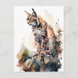 Cartão Postal Lince em Aquarela Sentado em Rochas