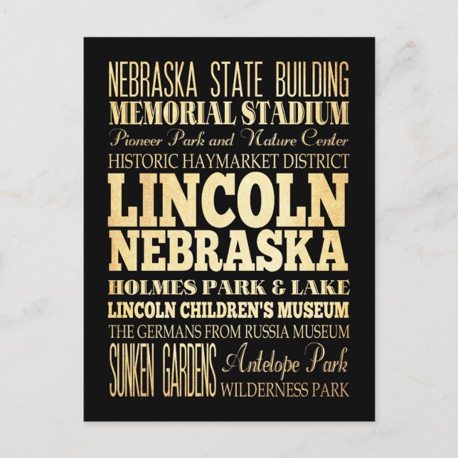 Cartão Postal Lincoln City of Nebraska Typoographic Art (Frente)