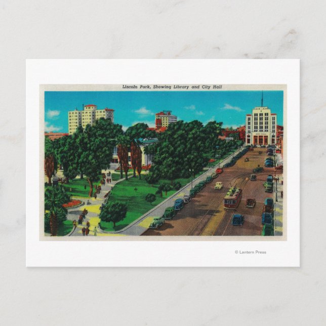 Cartão Postal Lincoln Park mostrando Biblioteca e Prefeitura (Frente)