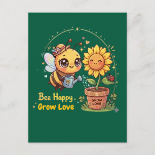 Cartão Postal Linda Abelha Kawaii Regando Girassol Abelha Feliz