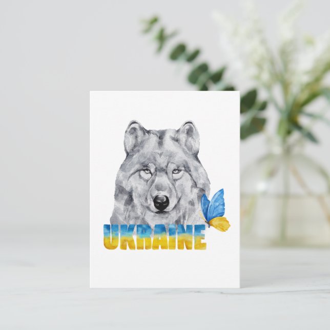 Cartão Postal Linda Aquarela Ucrânia Lobo e Borboleta (Em pé/Frente)