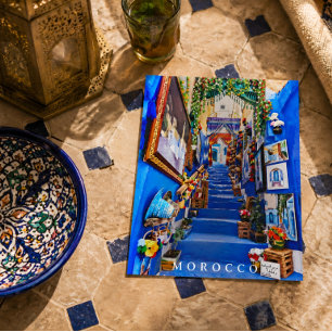 Cartão Postal Linda Arquitetura Marroquina Azul de Chefchaouen