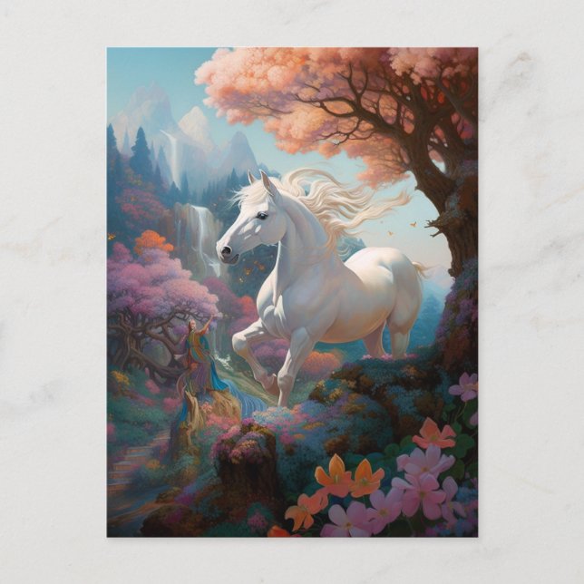 Cartão Postal Linda Arte Fantástica de Cavalo Branco (Frente)