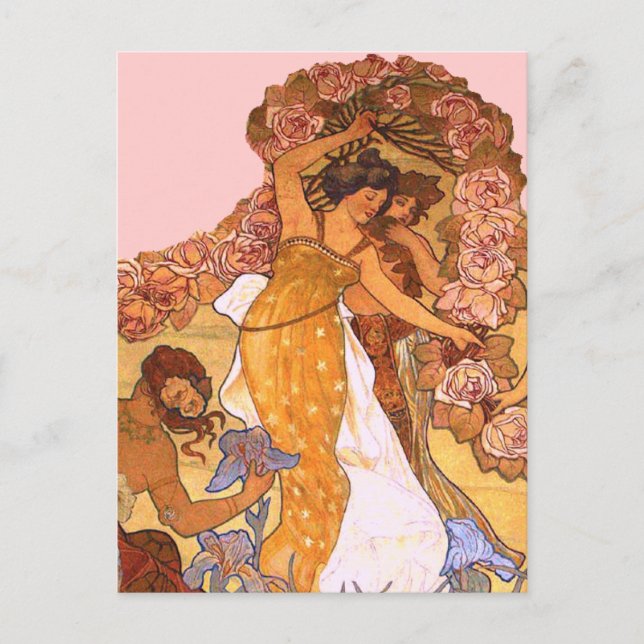 Cartão Postal Linda Arte Nouveau Mulheres com Írisos e Rosas (Frente)