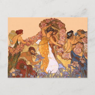 Cartão Postal Linda Arte Nouveau Mulheres com Írisos e Rosas