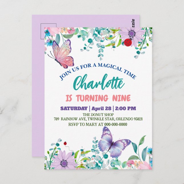 Cartão Postal Linda borboleta Bolinhas floral Flor Aniversário  (Frente/Verso)