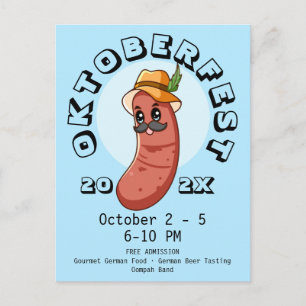 Cartão Postal Linda Bratwurst da Oktoberfest Kawaii