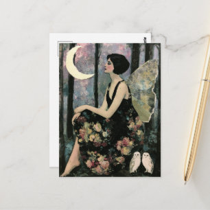 Cartão Postal Linda Fada Vintage Dois Corujas Brancas