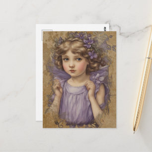 Cartão Postal Linda Fada Vintage e Flores Roxas