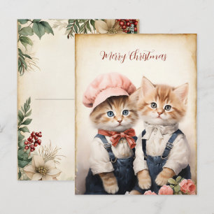 Cartão Postal Linda Família de Dois Gatinhos de Natal